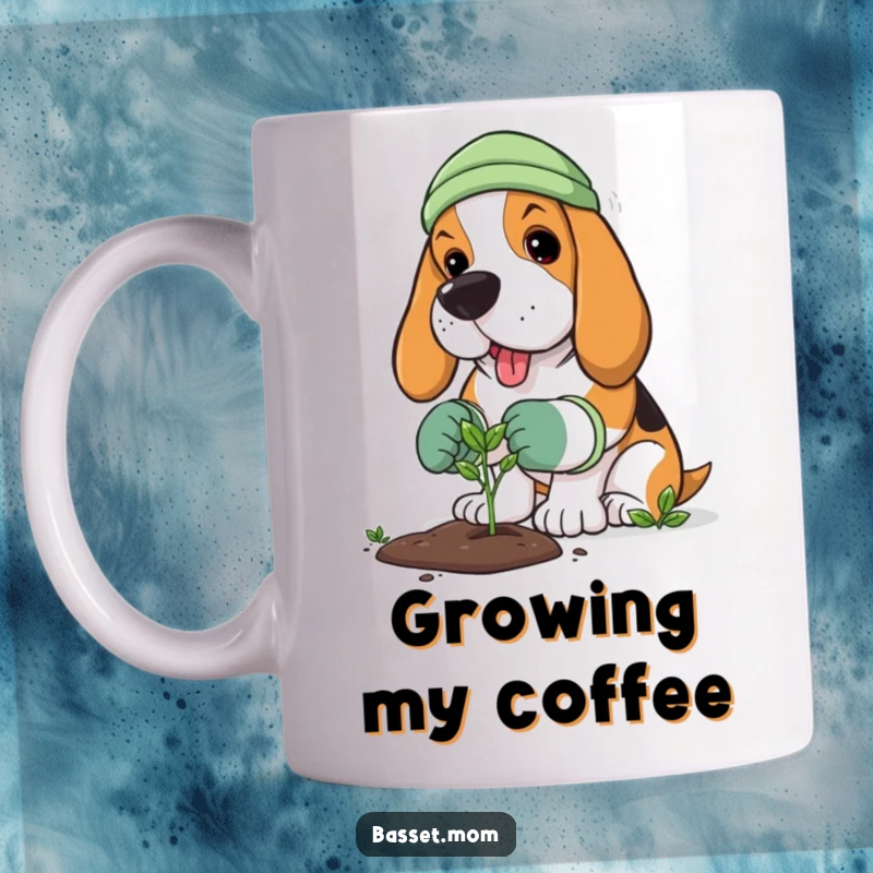 Funny Basset Hound mug showing a dog wearing gardening gloves, carefully planting a tiny sprout, embodying a love for nature.