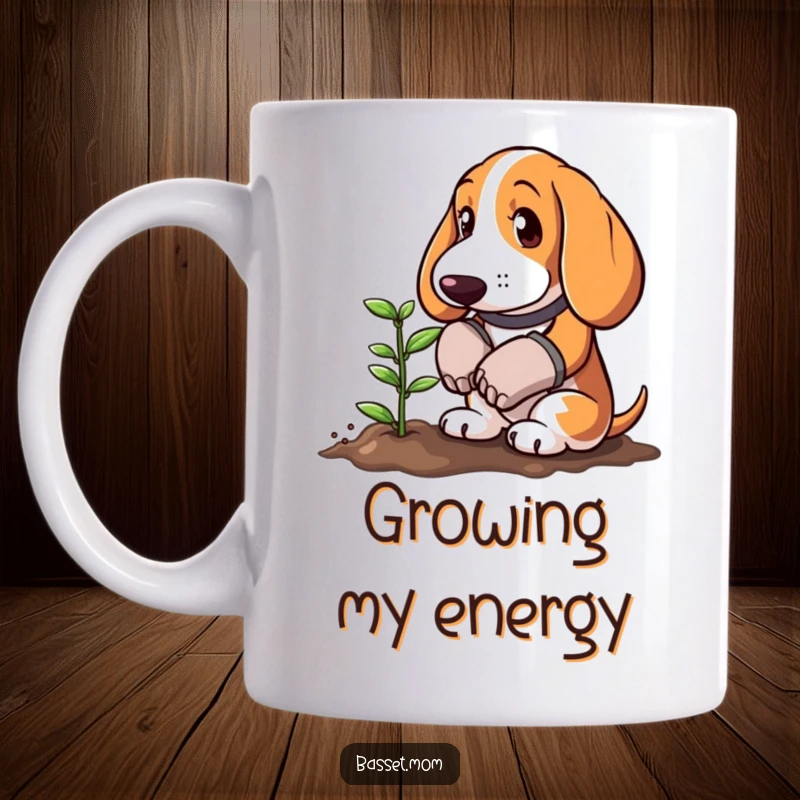 Funny Basset Hound wearing gardening gloves, carefully planting a tiny sprout, depicted on a coffee mug, a charming outdoor scene.