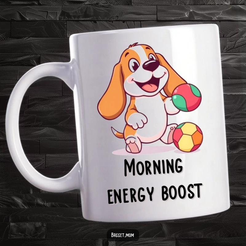 Funny Basset Hound mug with a cheerful expression, happily bouncing a colorful ball, radiating pure doggy delight and playful energy.
