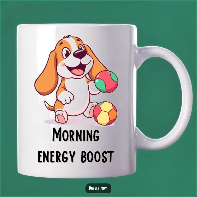Funny Cheerful Basset Hound Ball Mug: Joyful Expression Bouncing - Perfect Funny Gift