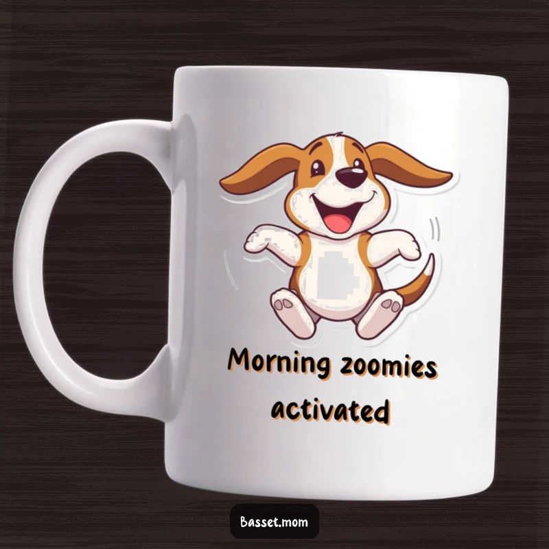 Funny Basset Hound mug, a dog joyfully spinning in a circle with ears flapping, capturing a moment of pure happiness, a fun gift.