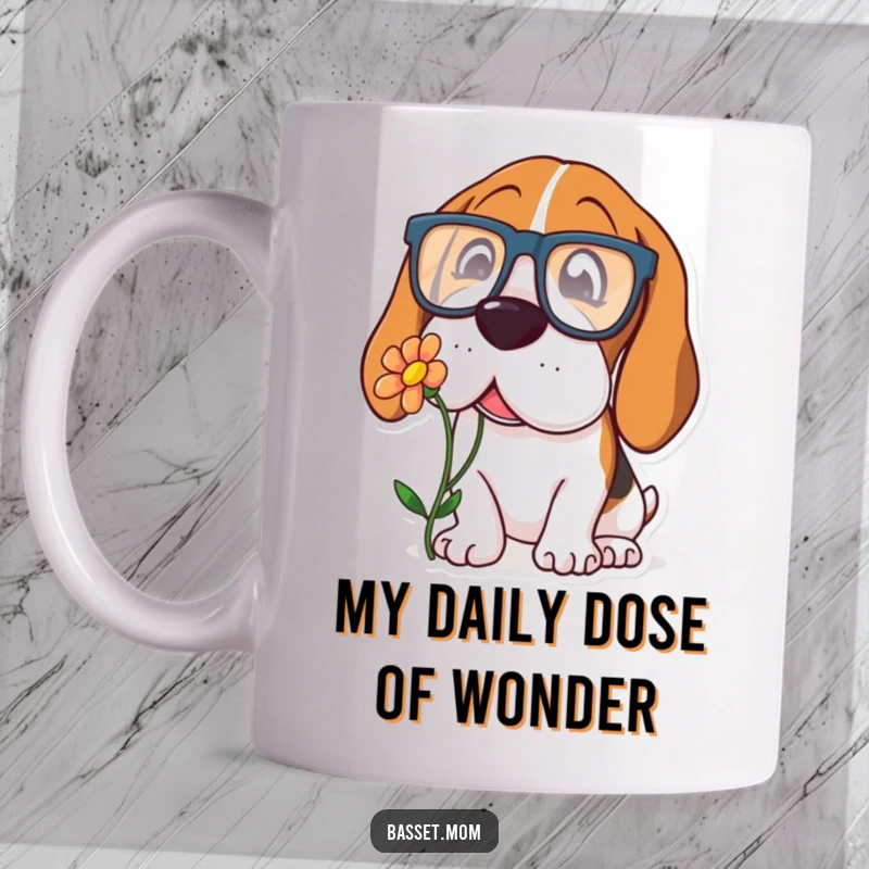 Funny Basset Hound mug featuring a dog wearing oversized glasses, curiously sniffing a flower with an endearing, inquisitive expression.