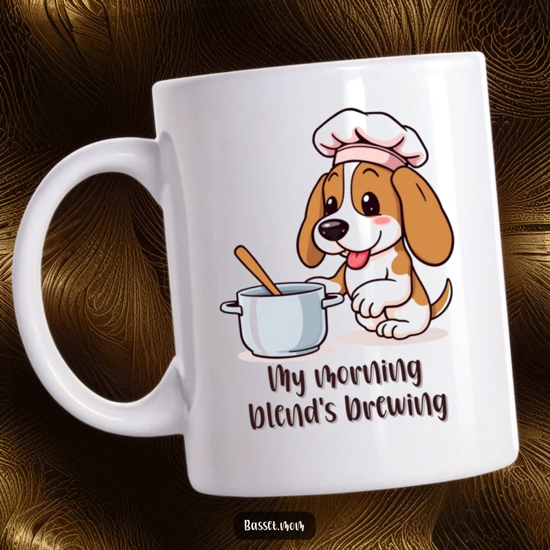 Funny Basset Hound mug with a tiny chef hat, enthusiastically stirring a pot, embodying culinary joy and passion.