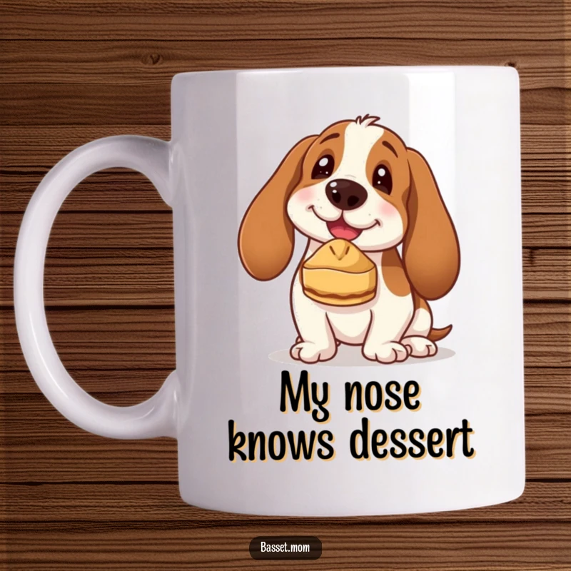 Funny Basset Hound mug with a contented expression, expertly balancing a small pie on its nose, radiating pure, goofy joy and charm.