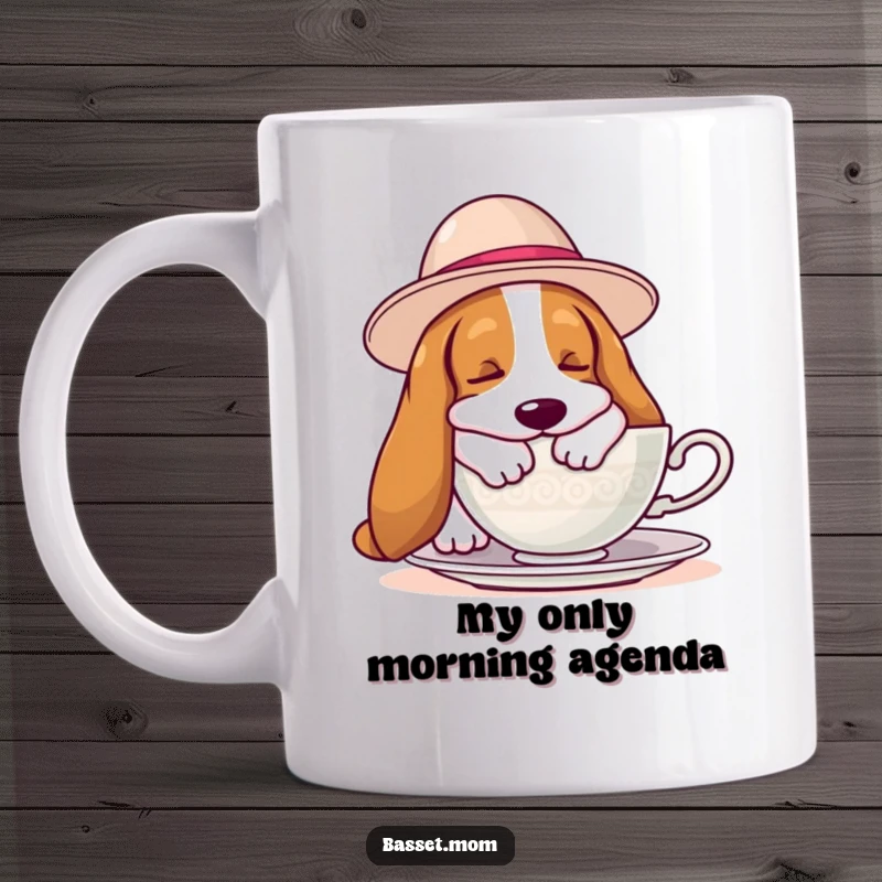 Funny Basset Hound mug featuring a large-hatted hound napping peacefully beside a steaming teacup, embodying ultimate relaxation and cozy vibes.