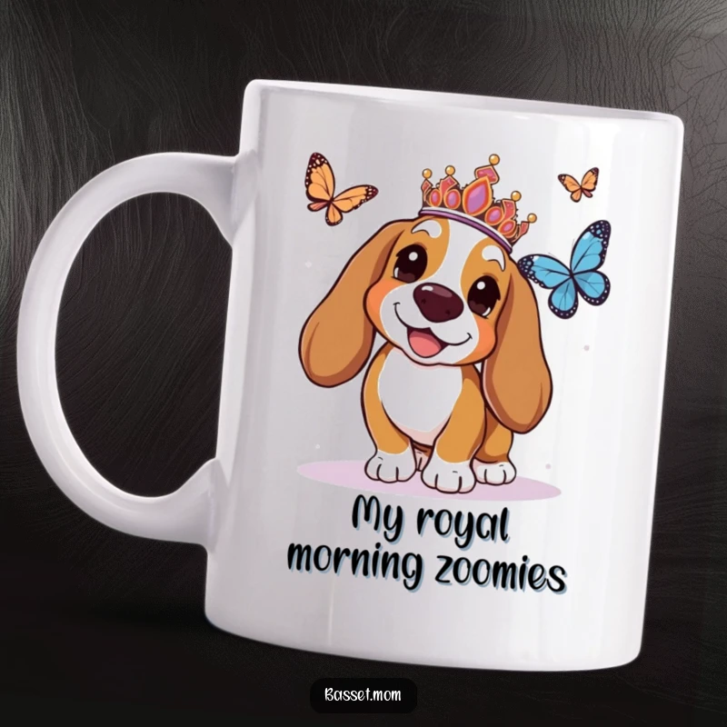 Funny Basset Hound mug with a tiara-clad dog joyfully chasing a butterfly, capturing pure canine delight and silliness.