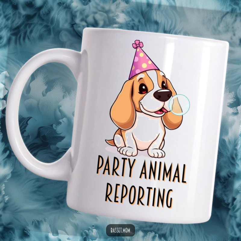 Funny Basset Hound mug showing a dog in a party hat blowing a large bubble with a lollipop, radiating festive fun.