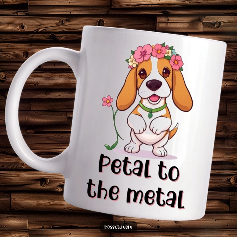 Funny Basset Hound mug with a floral headband, happily prancing with a flower, showcasing its joyful and elegant demeanor.