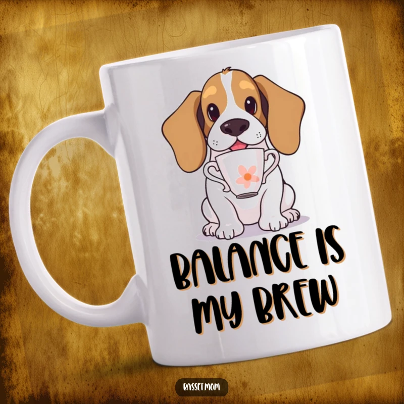 Funny Basset Hound mug showing a dog with a teacup precariously balanced on its nose, capturing a moment of hilarious concentration.