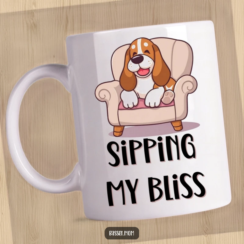 Funny Basset Hound mug, depicting a happy sigh as it lounges on a cushioned chair, embodying ultimate relaxation and cozy contentment.