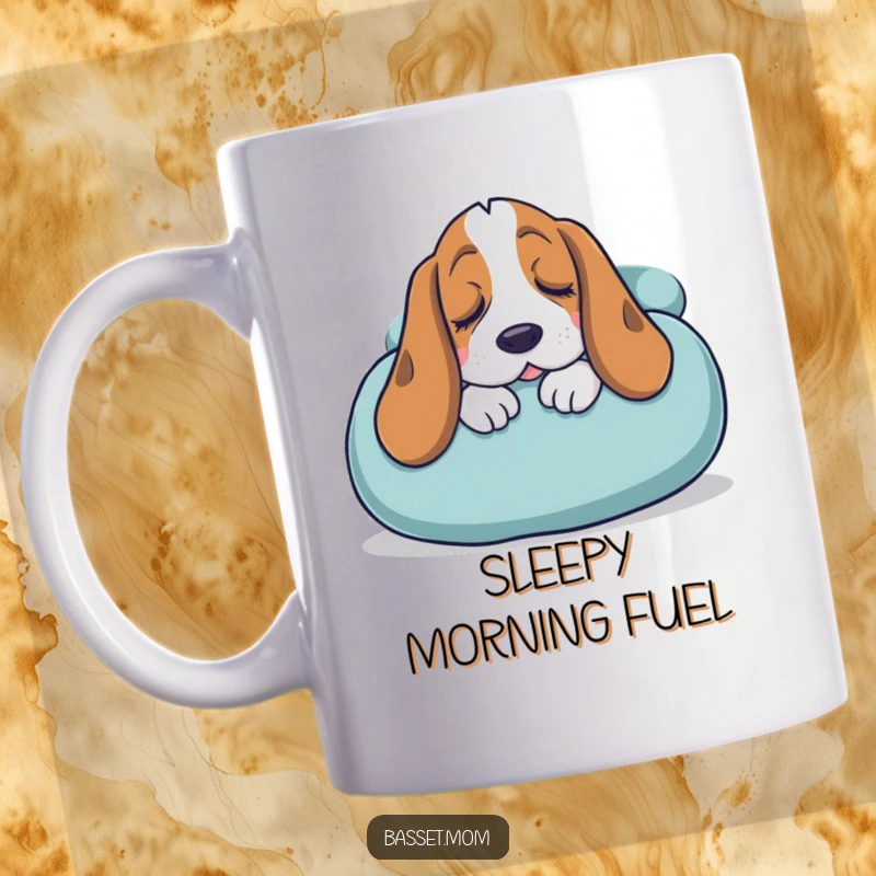 Funny Basset Hound mug showing a sleepy dog snuggling into a giant cushion, embodying ultimate comfort and relaxation.