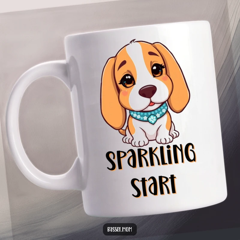 Funny Basset Hound mug featuring a dog with a sparkly collar charmingly winking, exuding playful and endearing personality.
