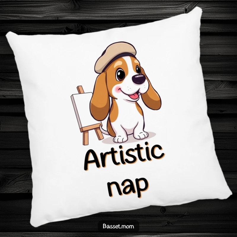 Funny Basset Hound Artist Pillow: A Basset hound in a beret painting a cheerful picture, offering comfort and artistic inspiration, a funny gift.