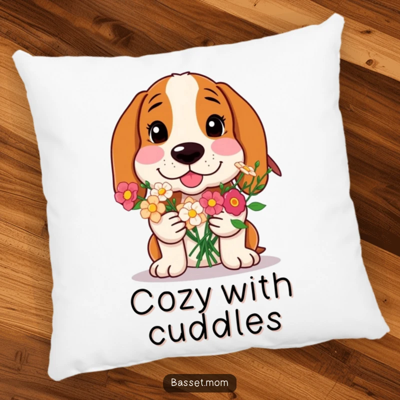 Funny Basset Hound pillow, a dog with rosy cheeks offering flowers, soft and comfortable for sweet and charming decoration.