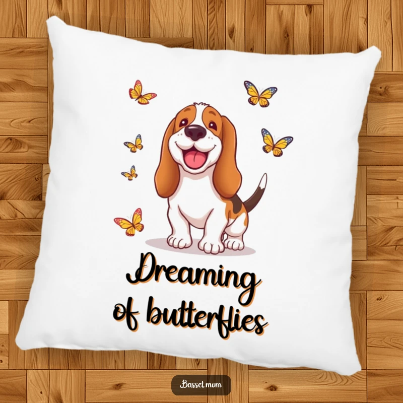 Funny Basset Hound pillow showing a dog with a goofy grin, its ears trailing behind as it chases butterflies, adding whimsical charm.