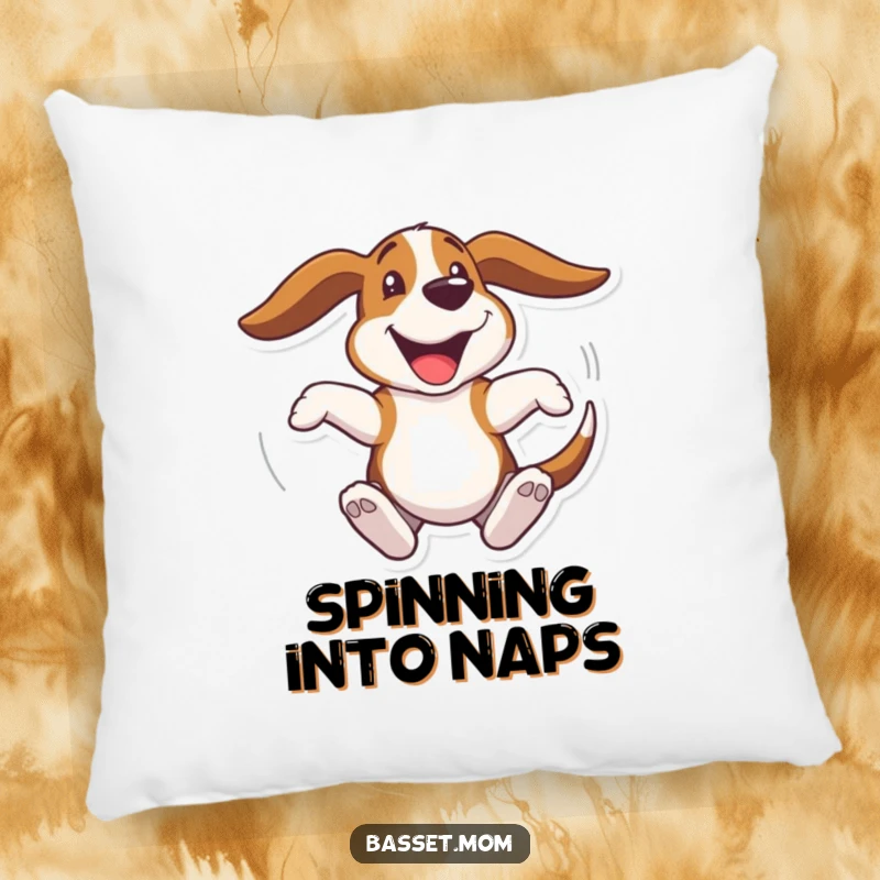 Funny Basset Hound pillow, a dog joyfully spinning in a circle with flapping ears, soft and comfortable for happy decoration.