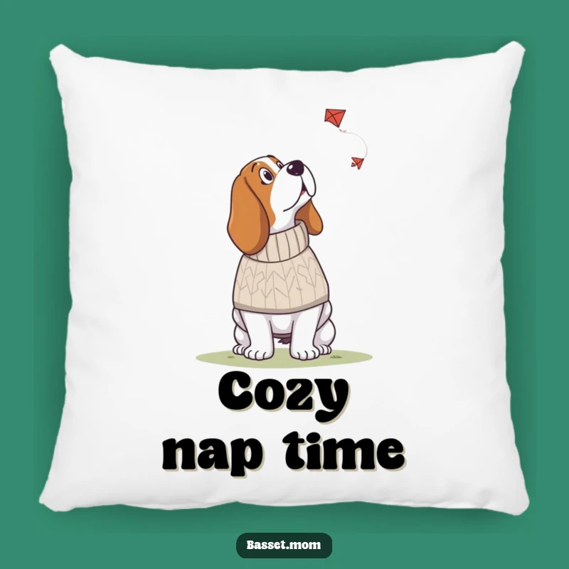 Funny Basset Hound Pillow: Cozy Sweater Pup and Kite Dreams