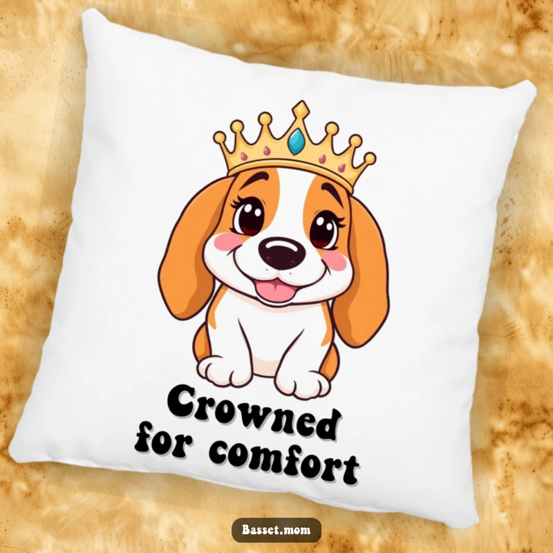 Funny Basset Hound wearing a crown poses regally with a smile, designed as a plush pillow, adding humorous comfort and royal flair.