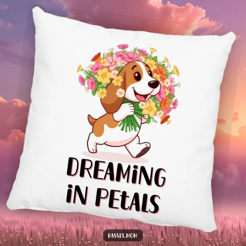 Funny Basset Hound pillow, soft cushion featuring a dog happily carrying a bouquet of flowers.
