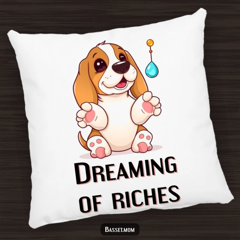 Funny Basset Hound pillow showing a dog with paws raised, playfully reaching for a dangling jewel, adding a touch of whimsical fun.