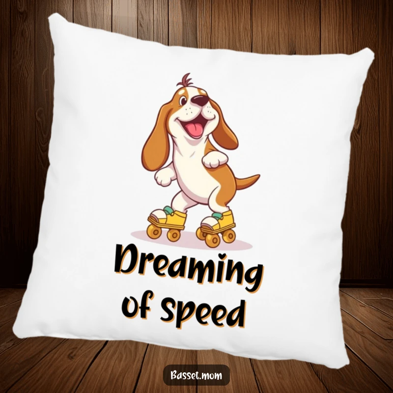 Funny Basset Hound hilariously wobbling on roller skates, offering plush comfort and a guaranteed smile with this humorous pillow.