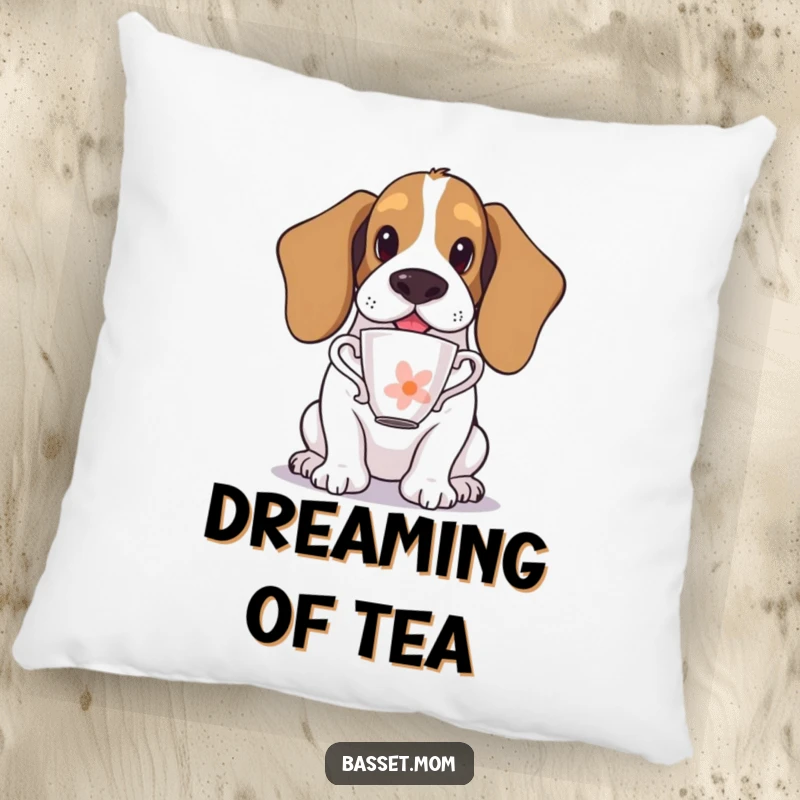 Funny Basset Hound pillow featuring a dog balancing a teacup on its nose, offering humorous and sophisticated comfort.
