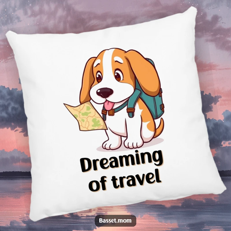 Funny Basset Hound pillow, a dog with a backpack looking at a map, soft and perfect for cozying up.