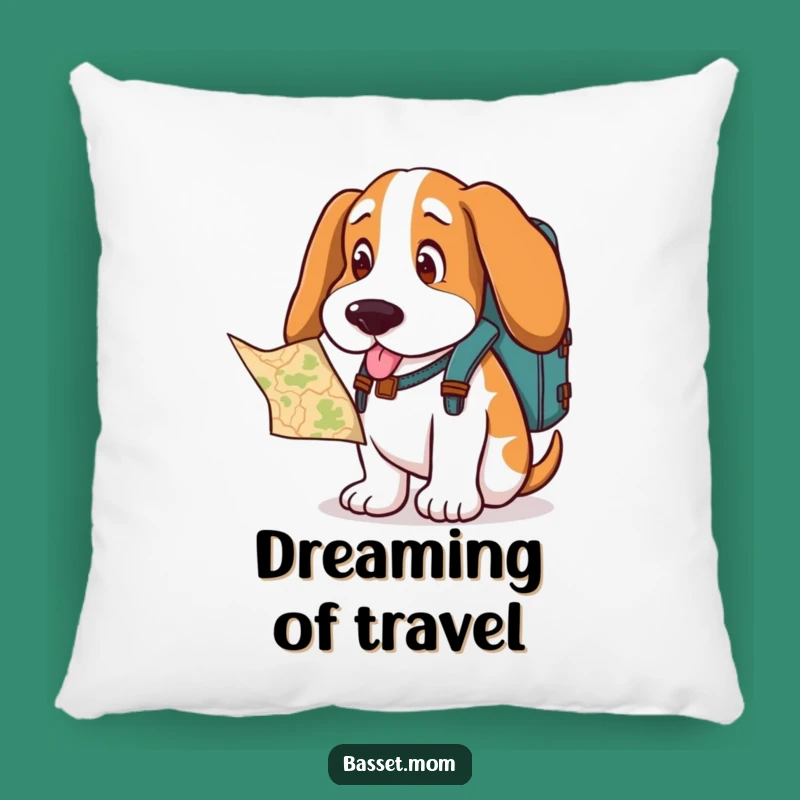Soft Funny Basset Hound Explorer Pillow - Comfy Dog Gift with Backpack & Map