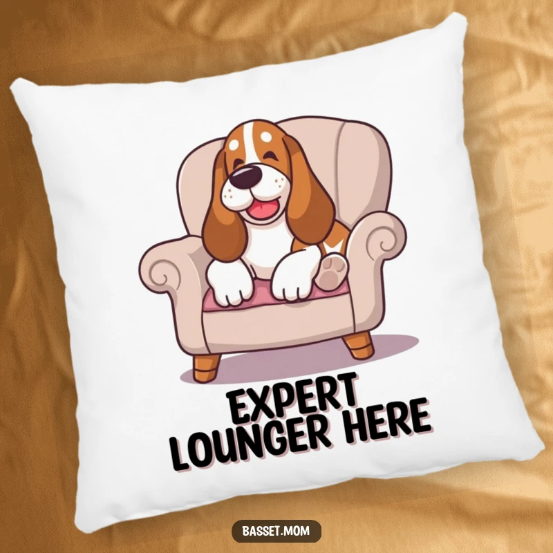 Funny Basset Hound pillow, with a happy sigh, lounging on a cushioned chair, a soft accent of pure canine relaxation.