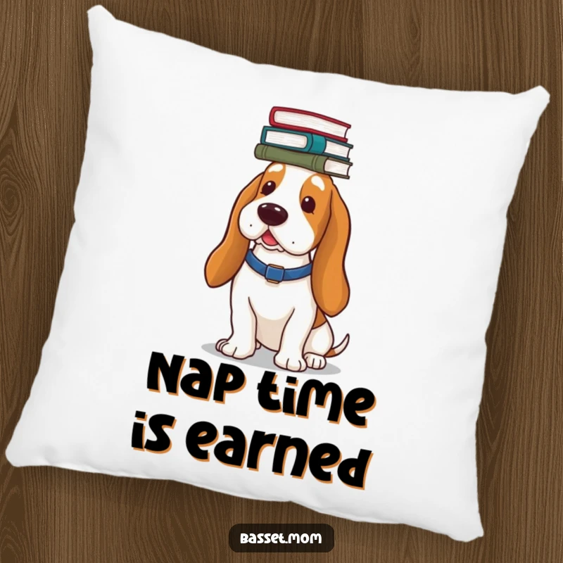 Funny Basset Hound pillow, depicting a dog balancing a pile of books on its head, ideal for comfortable, humorous relaxation.