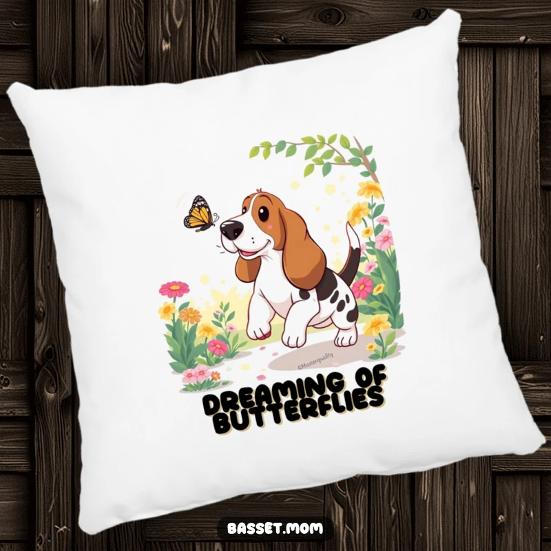 Funny Basset Hound Pillow: A happy dog playfully chases a butterfly in a sunny garden, adding humor.