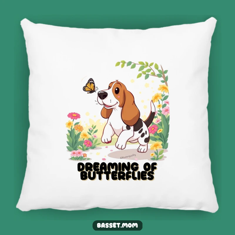 Funny Basset Hound Butterfly Chase Pillow: Comfy & Humorous Home Decor Gift