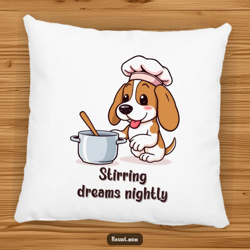 Funny Basset Hound pillow with a dog in a tiny chef hat, enthusiastically stirring a pot, offering cozy culinary cheer.