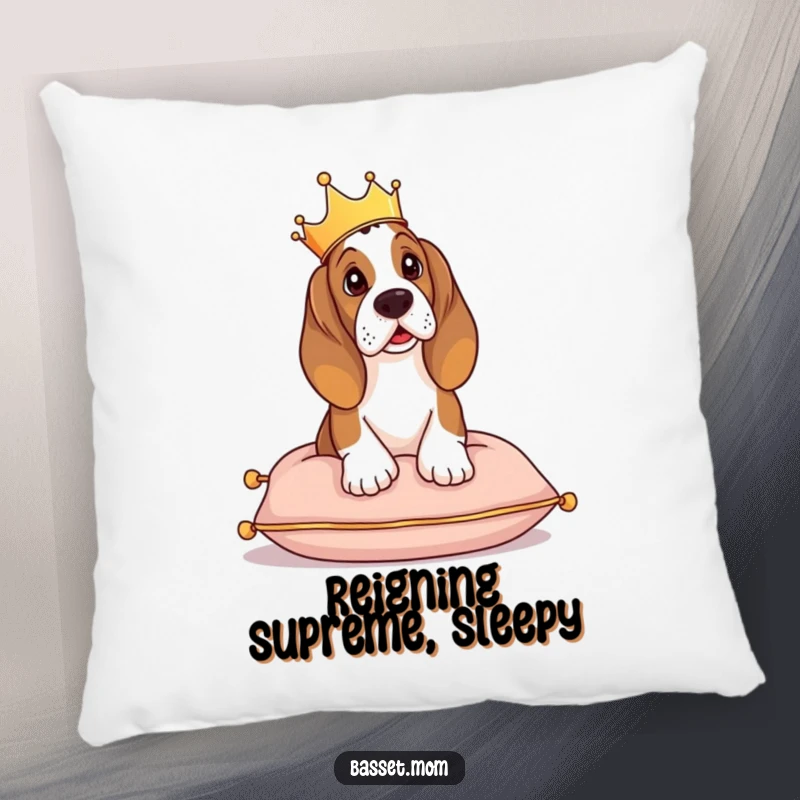 Funny Basset Hound pillow, plush cushion featuring a dog with a crown, sitting regally.