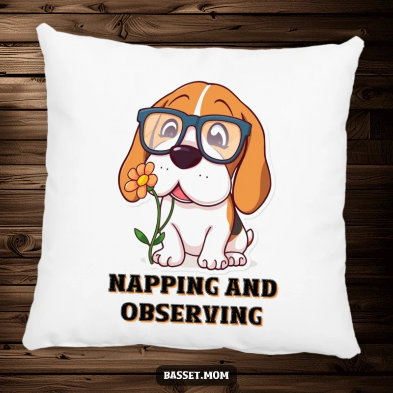 Funny Basset Hound pillow with a dog wearing oversized glasses, curiously sniffing a flower, providing soft, humorous, and intelligent comfort.