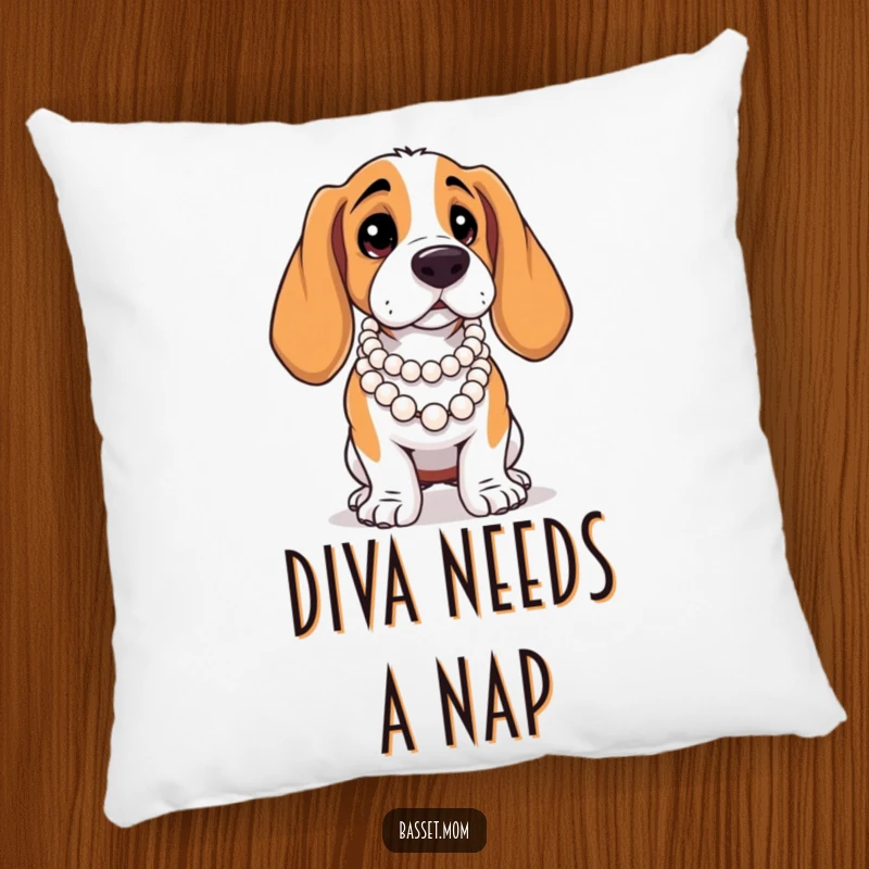 Funny Basset Hound pillow, a plush cushion featuring a dog in pearls, striking an elegant pose.