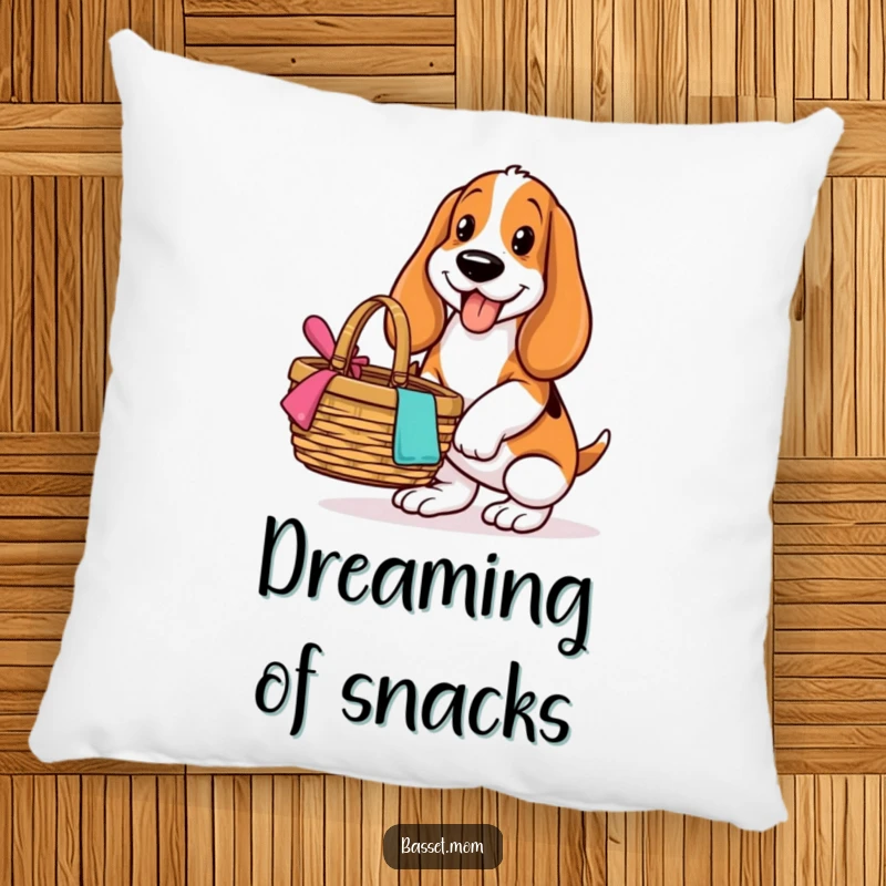 Funny Basset Hound pillow, depicting a dog with a happy smile balancing a picnic basket, suitable for comfortable, humorous decor.