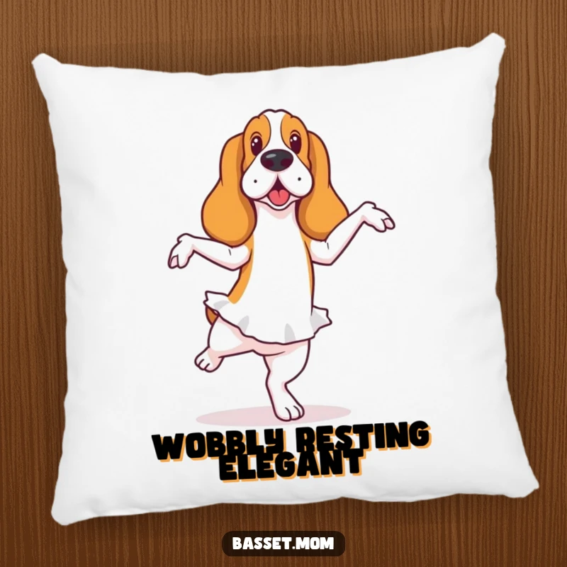 Funny Basset Hound pillow showcasing a dog in a ballet pose with a wobble, adding cozy humor and artistic flair.