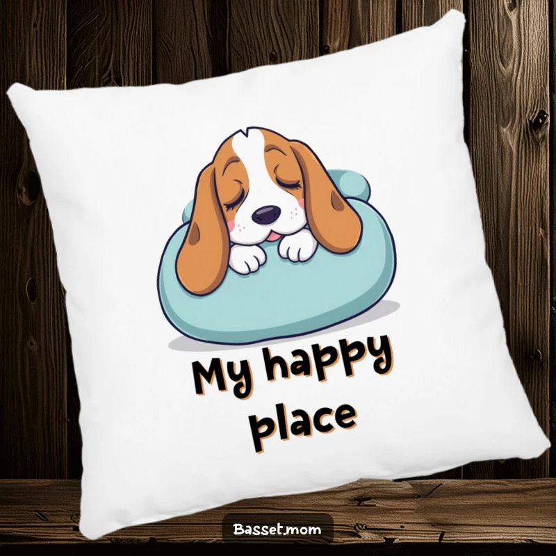 Funny Basset Hound pillow showcasing a sleepy dog snuggling into a giant cushion, offering ultimate comfort and humorous relaxation.