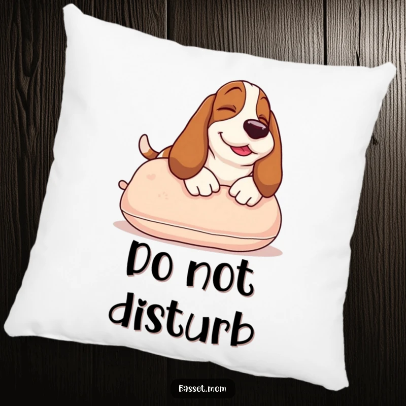Funny Basset Hound pillow showcasing a happy dog sunbathing on a cushion, adding a touch of cozy humor to any living space.