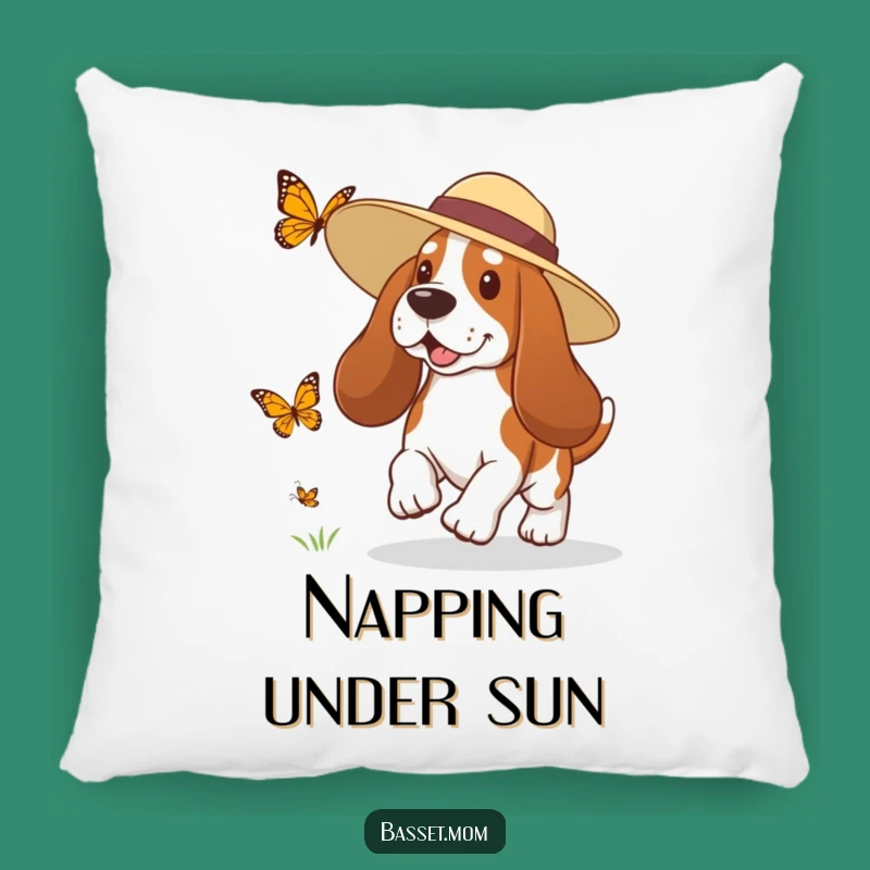 Funny Basset Hound Sun Hat Butterfly Chase Pillow - Cozy Dog Accent Gift