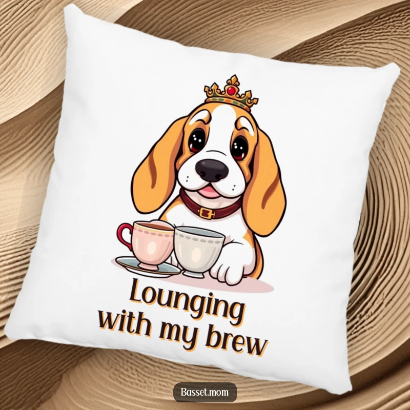 Funny Basset Hound pillow with a regal dog enjoying a cup of tea, offering soft, sophisticated, and humorous comfort.