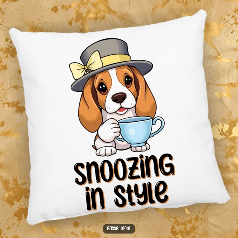 Funny Basset Hound tea pillow depicting a fancy dog with a teacup, perfect for cozy and elegant decor.