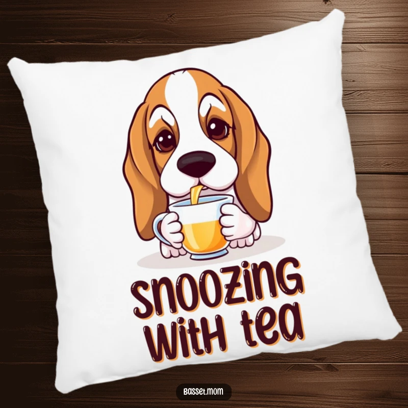 Funny Basset Hound pillow featuring a droopy-eared dog with soulful eyes gracefully sipping tea, offering comfort and elegant humor.