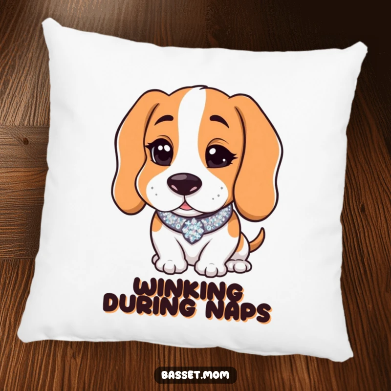 Funny Basset Hound with a sparkly collar winking charmingly, designed as a plush pillow, adding humorous comfort and stylish charm.