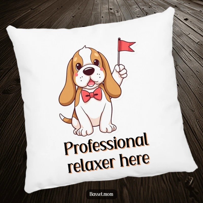 Funny plush Basset Hound wearing a distinguished bow tie, holding a tiny flag, offers plush comfort and hilarious charm on this pillow.