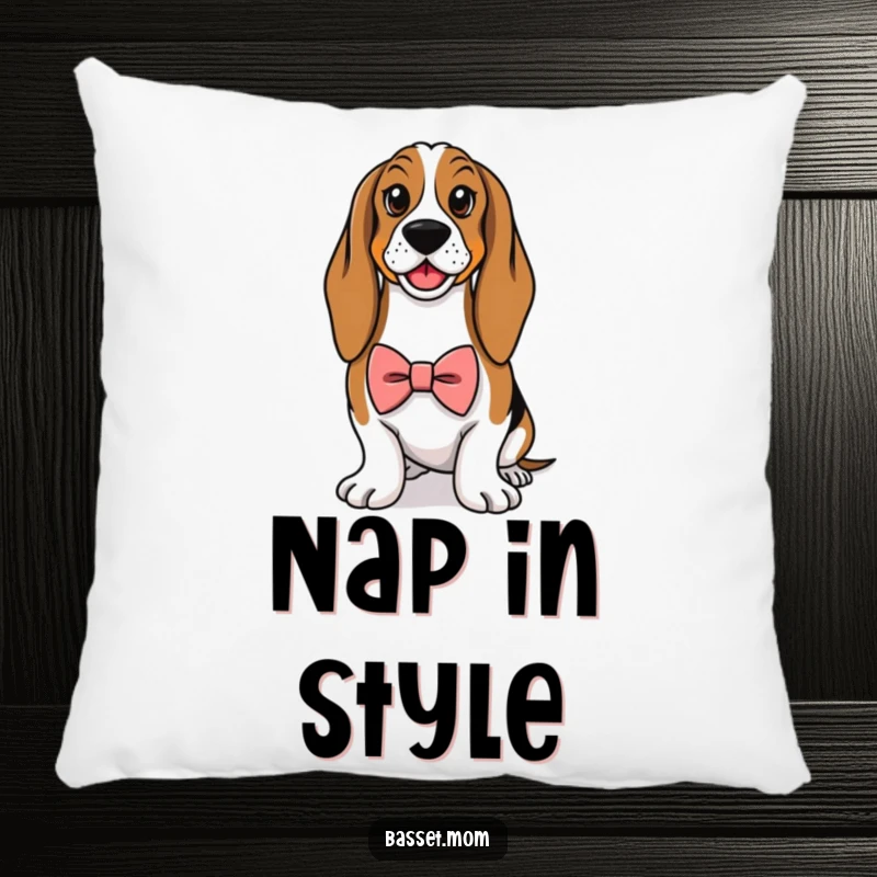 Funny Basset Hound pillow, showing a dog wearing a small bowtie, exuding pride and sophistication for decorative comfort.