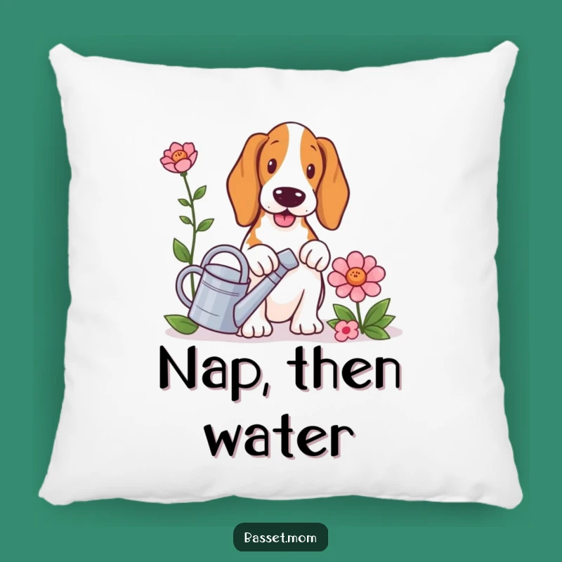 Soft Funny Basset Hound Gardener Pillow - Comfy Dog Lover Gift with Watering Can