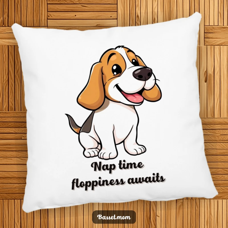 Funny Basset Hound pillow showing a happy dog bouncing, its floppy ears a highlight of the comical and endearing design.