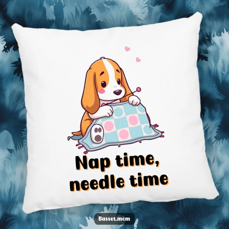 Funny Basset Hound quilting pillow with a dog artist sewing a quilt, providing comfort and a touch of humor to any room, a cute gift.